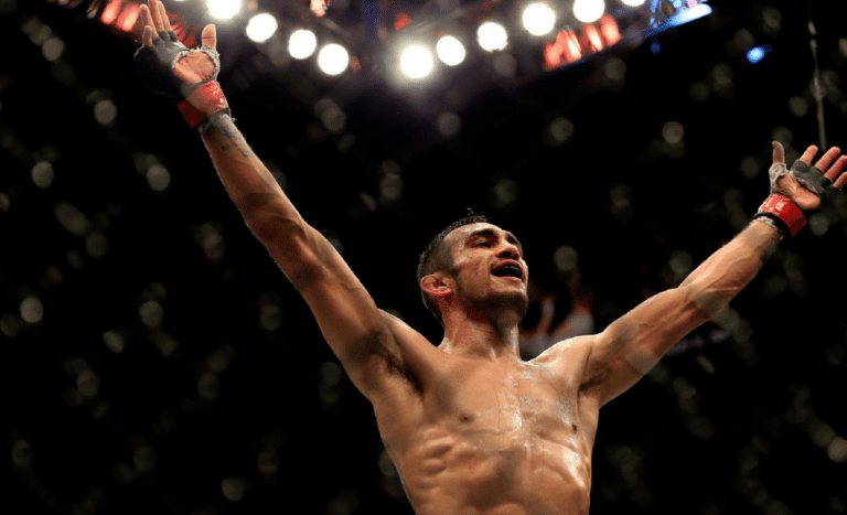 Tony Ferguson celebrates after defeating Abel Trujillo