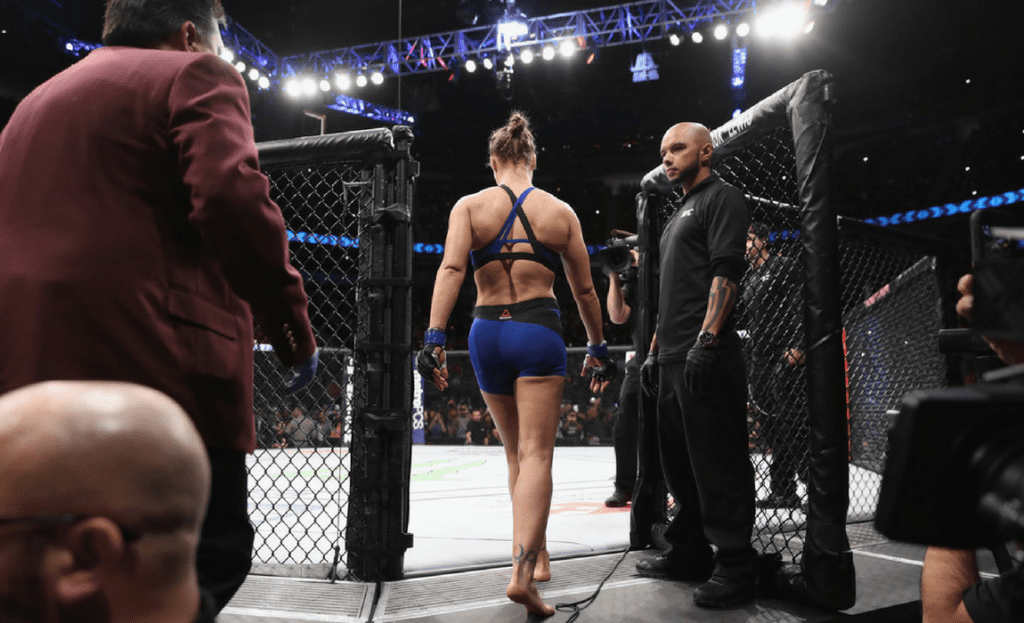 Ronda Rousey enters the Octagon to face Amanda Nunes