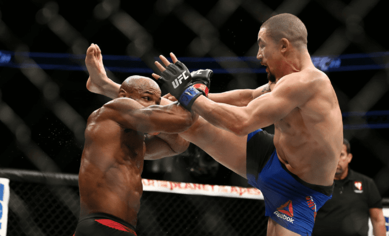 Robert Whittaker kicks Yoel Romero in their interim UFC middleweight championship bout during the UFC 213 event at T-Mobile Arena on July 9, 2017 in Las Vegas, Nevada. (July 7, 2017 - Source: Rey Del Rio/Getty Images North America)