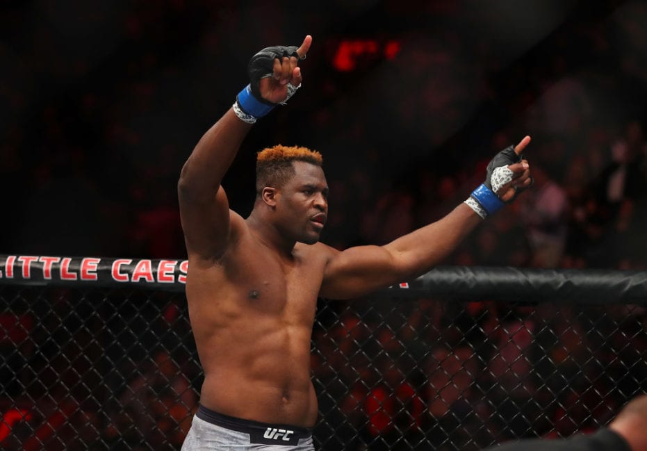 Francis Ngannou celebrates his victory over Alistair Overeem at UFC 218