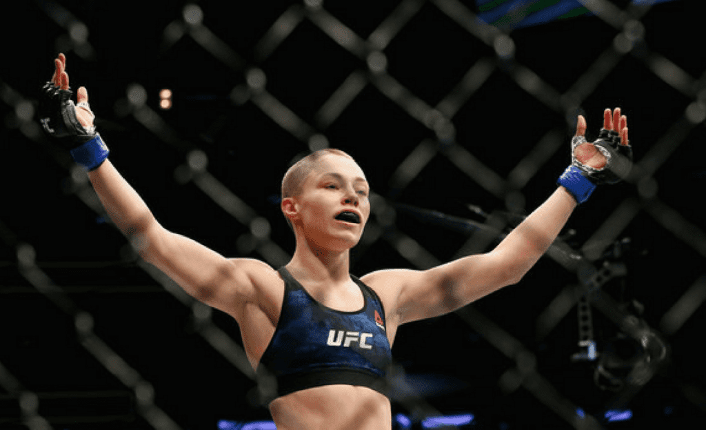 Rose Namajunas celebrates her victory over Joanna Jedrzejczyk