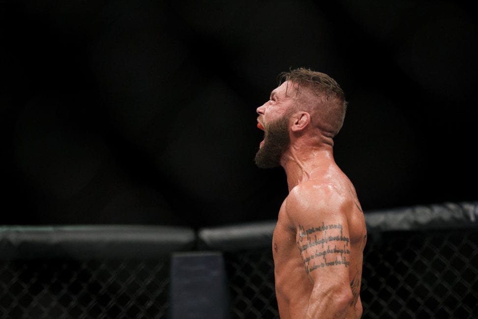 Jeremy Stephens celebrates his victory over Gilbert Melendez during UFC 215