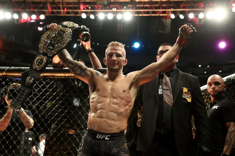 TJ Dillashaw celebrates his UFC Bantamweight Title Bout win over Cody Garbrandt during UFC 227
