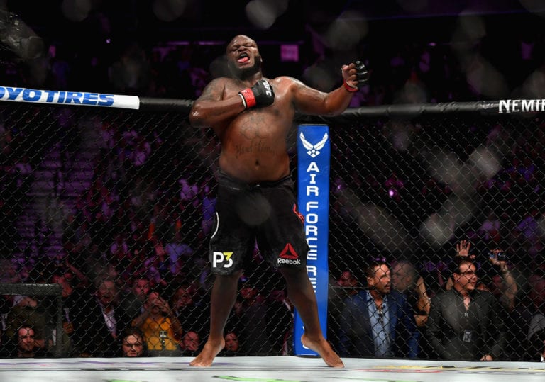 Derrick Lewis celebrates knocking out Alexander Volkov