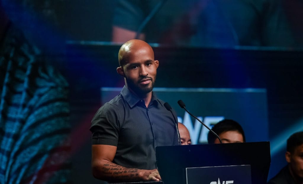 Demetrious Johnson speaks at the ONE Championship Press Conference in Singapore