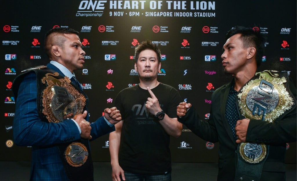 Bibiano Fernandes and Kevin Belingon stand face-to-face at the ONE Championship press conference