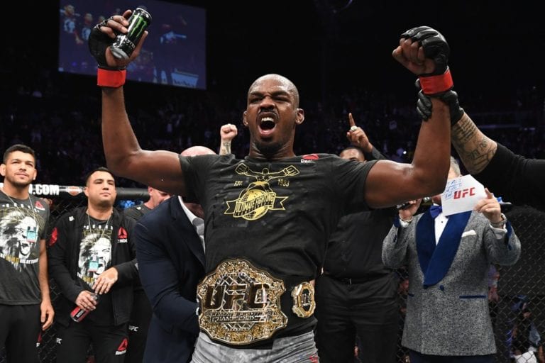 Jon Jones celebrates after defeating Alexander Gustafsson at UFC 232 in Los Angeles