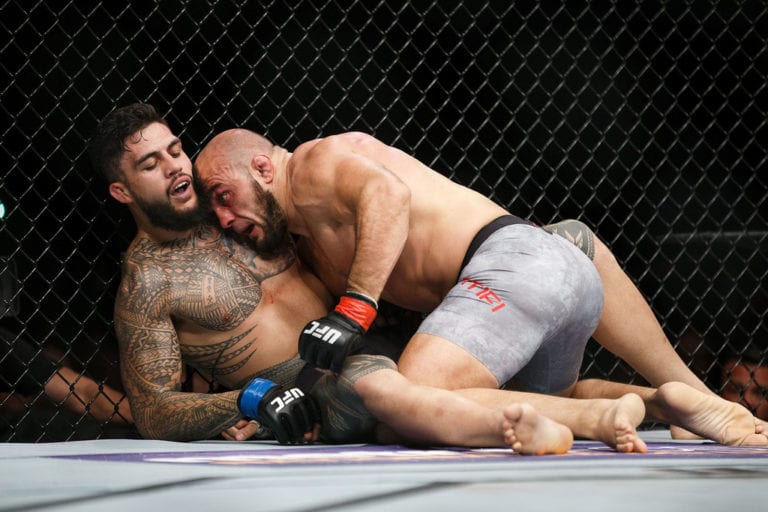 Ilir Latifi, top, fights Tyson Pedro during UFC 215