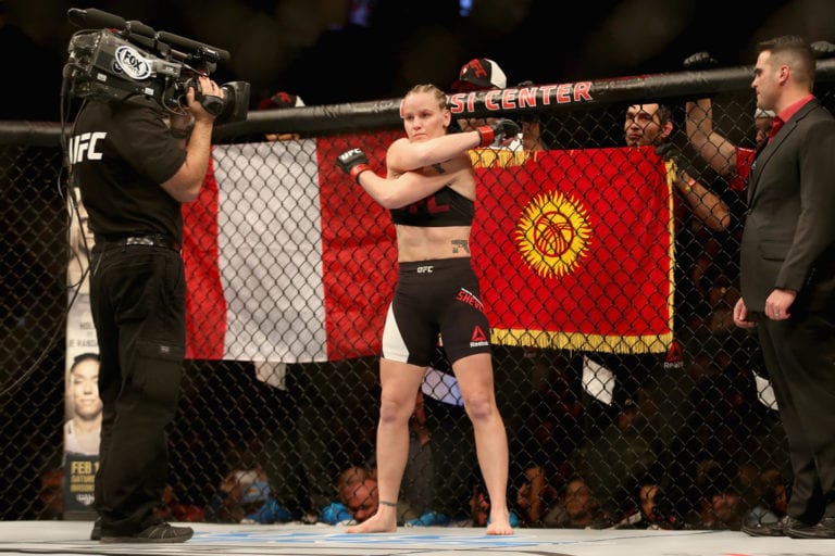 Valentina Shevchenko of Kyrgyzstan waits to be introduced before her fight against Julianna Pena