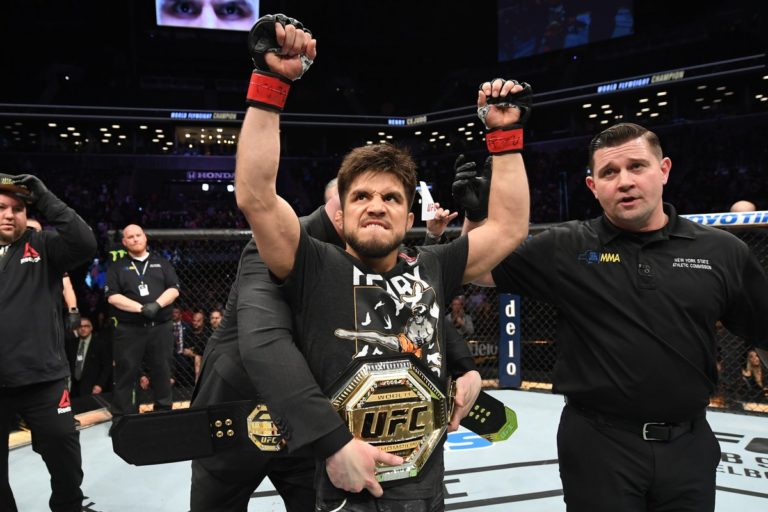 Henry Cejudo celebrates after defending his UFC Flyweight Championship against TJ Dillashaw