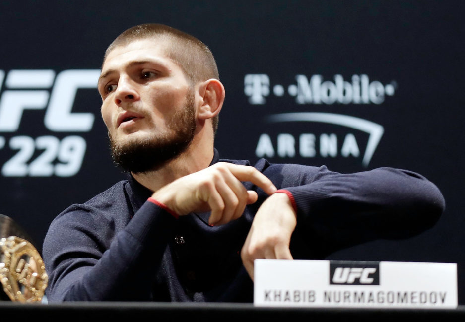 UFC lightweight champion Khabib Nurmagomedov remarks on a tardy Conor McGregor (not pictured) during a press conference for UFC 229