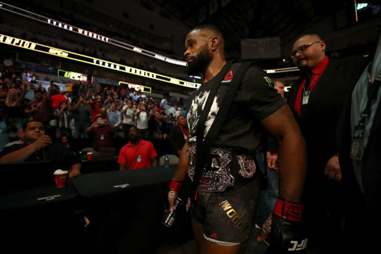 Tyron Woodley after defeating Darren Till in their UFC Welterweight Title bout during UFC 228