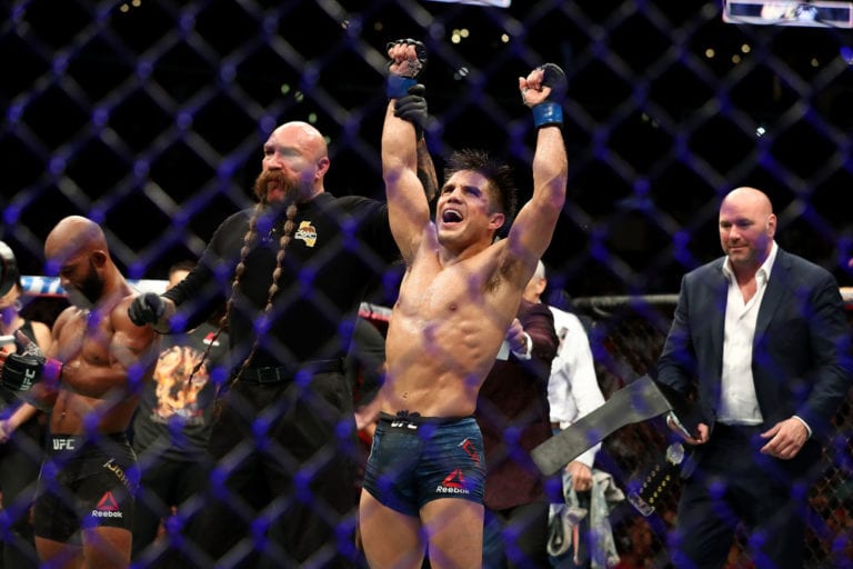 Henry Cejudo celebrates his UFC Flyweight Title Bout win over Demetrious Johnson