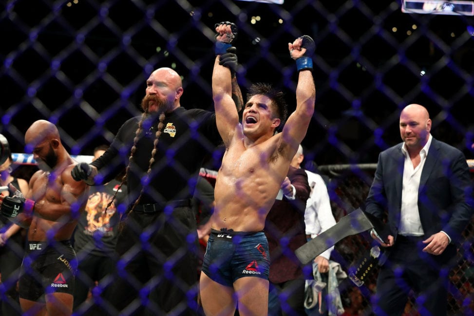 Henry Cejudo celebrates his UFC Flyweight Title Bout win over Demetrious Johnson