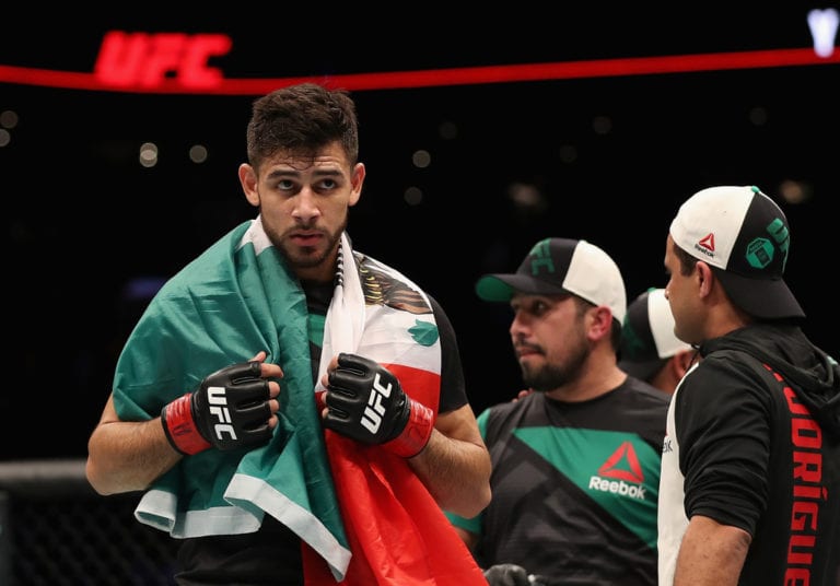 Yair Rodriguez celebrates his victory over BJ Penn (not pictured) during the UFC Fight Night event