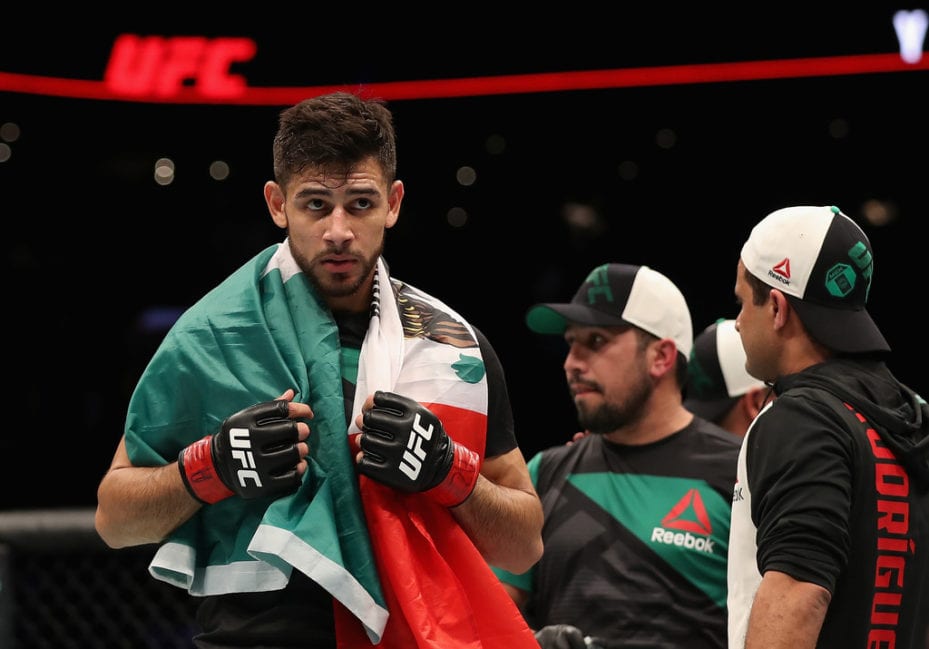 Yair Rodriguez celebrates his victory over BJ Penn (not pictured) during the UFC Fight Night event