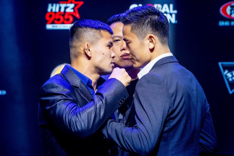 Nong-O Gaiyanghadao and Han Zi Hao stare down at the ONE Championship Clash of Legends press conference