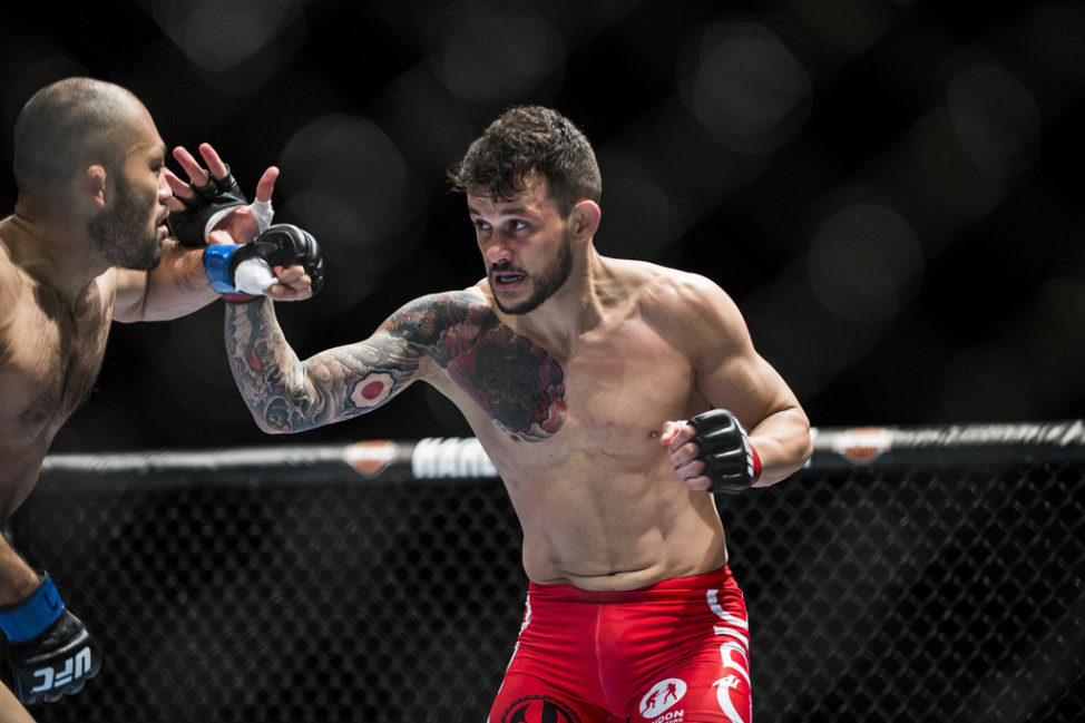 Alberto Mina (R) of Brazil and Shinsho Anzai of Japan in action on their welterweight fight