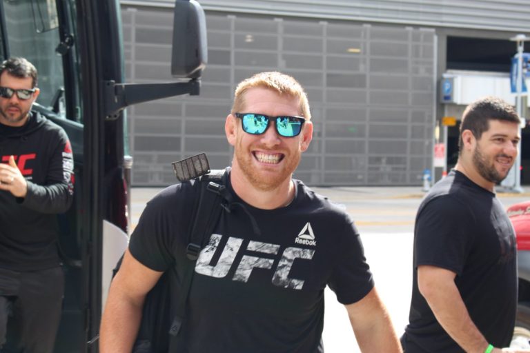 Sam Alvey is all smiles after getting off the UFC bus