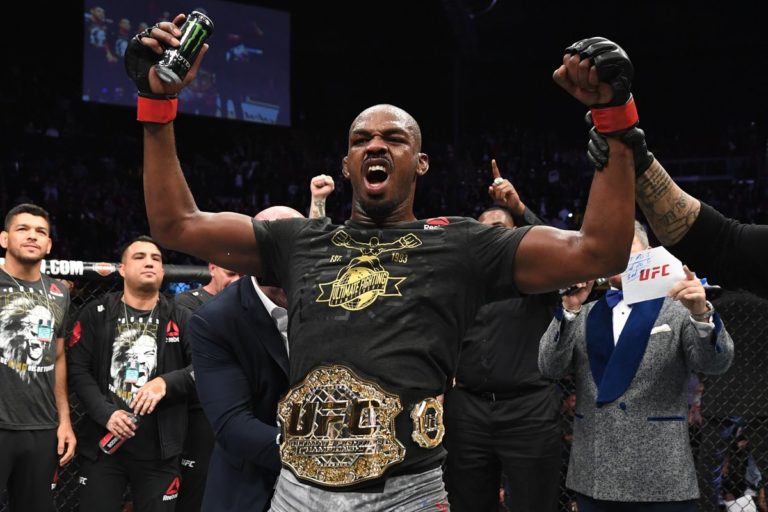 Jon Jones celebrates his UFC title defense