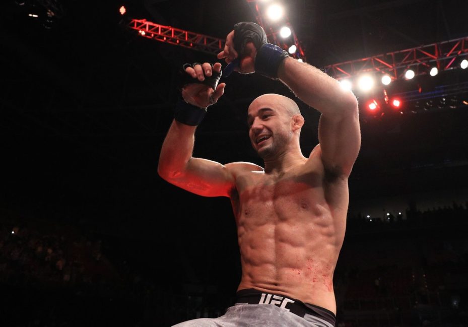 Marlon Moraes celebrates his win over Raphael Assuncao at UFC Fight Night 144