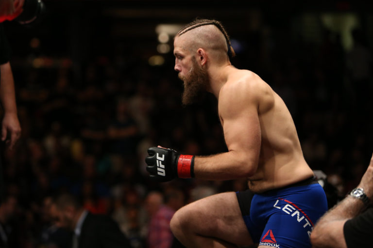 Nik Lentz enters the Octagon before facing Michael McBride during the UFC 203 event