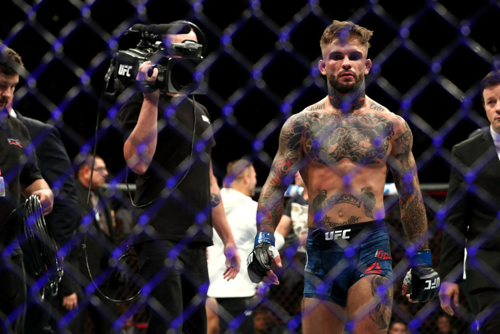 Cody Garbrandt returns to his corner after losing the UFC Bantamweight Title Bout to TJ Dillashaw in one round during UFC 227