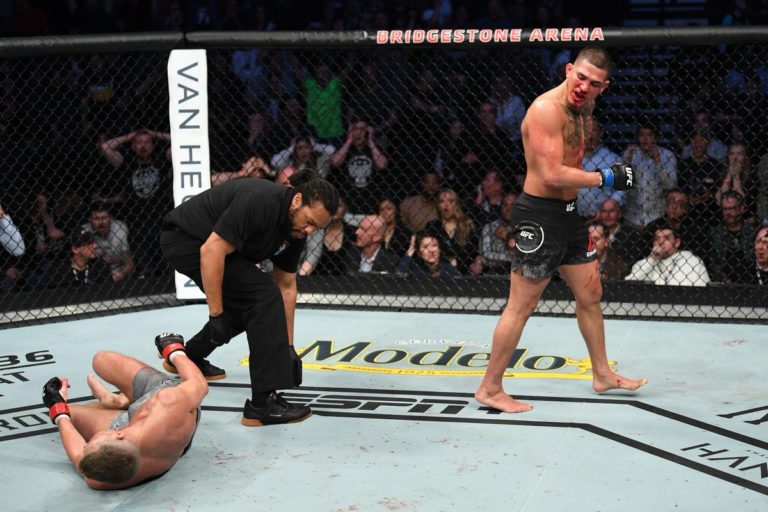 Anthony Pettis walks away after crushing Stephen Thompson with a superman punch at UFC Fight Night 148