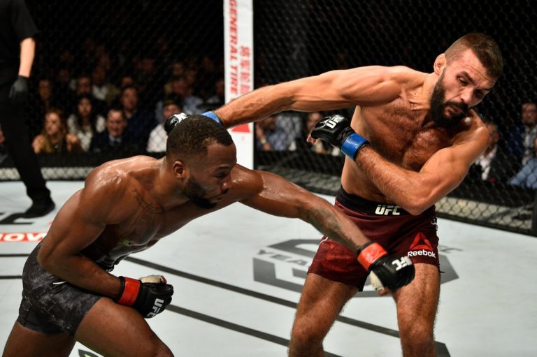 Leon Edwards lands a left hand inside the UFC octagon
