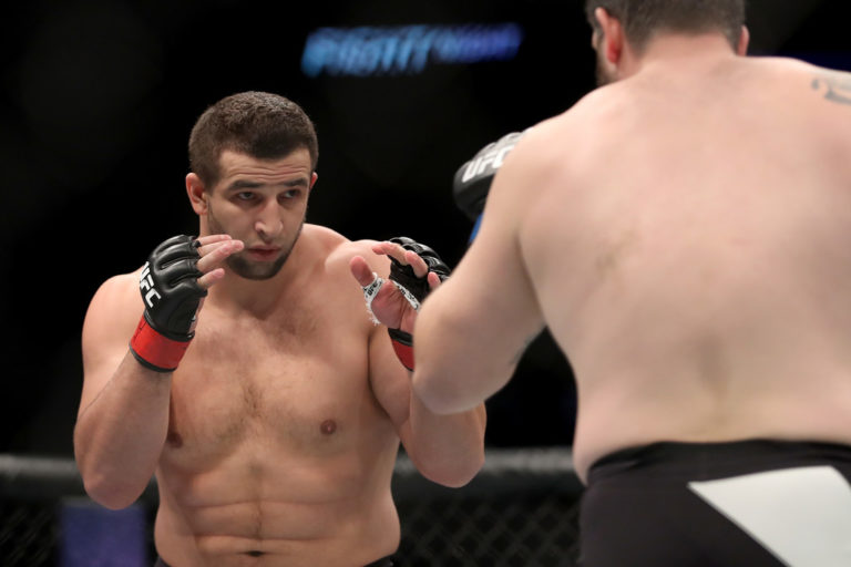 Dmitrii Smoliakov (L) squares off against Cyril Asker during the UFC Fight Night event at the at Talking Stick Resort Arena on January 15, 2017