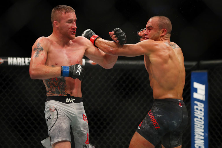 Eddie Alvarez (R) battles Justin Gaethje (L) during UFC 218 at Little Ceasars Arena on December 2, 2018