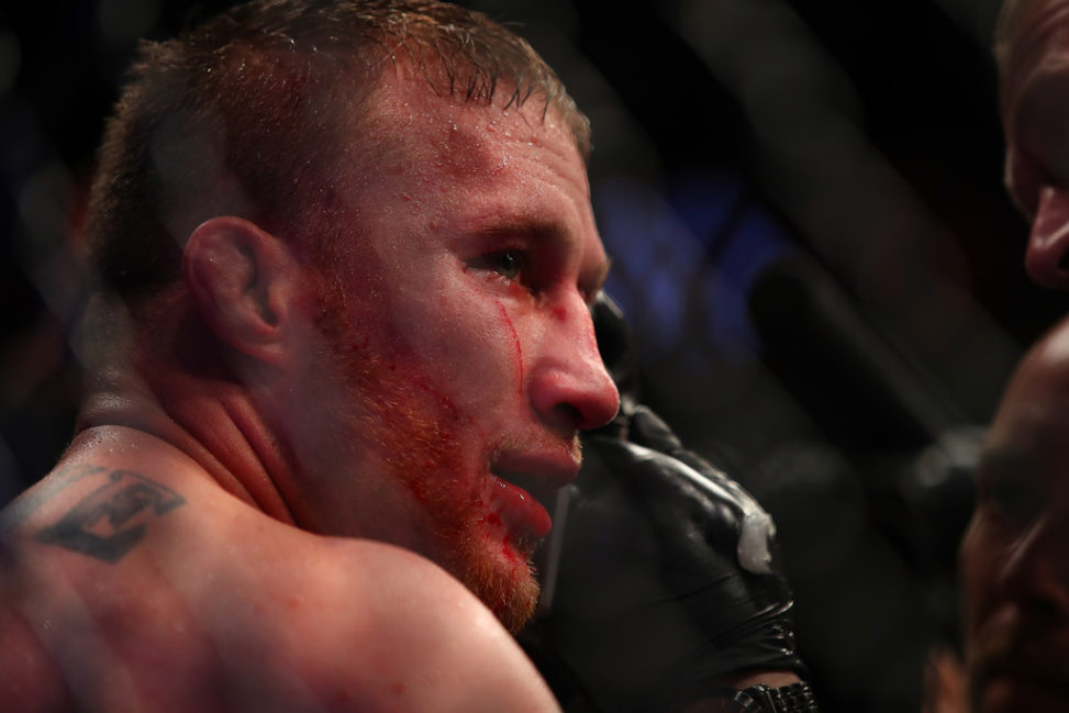 Justin Gaethje looks on during his fight with Eddie Alvarez during UFC 218