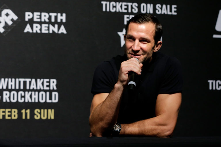 Top American contender and former UFC middleweight champion Luke Rockhold speaks at a press conference before a UFC 221 workout