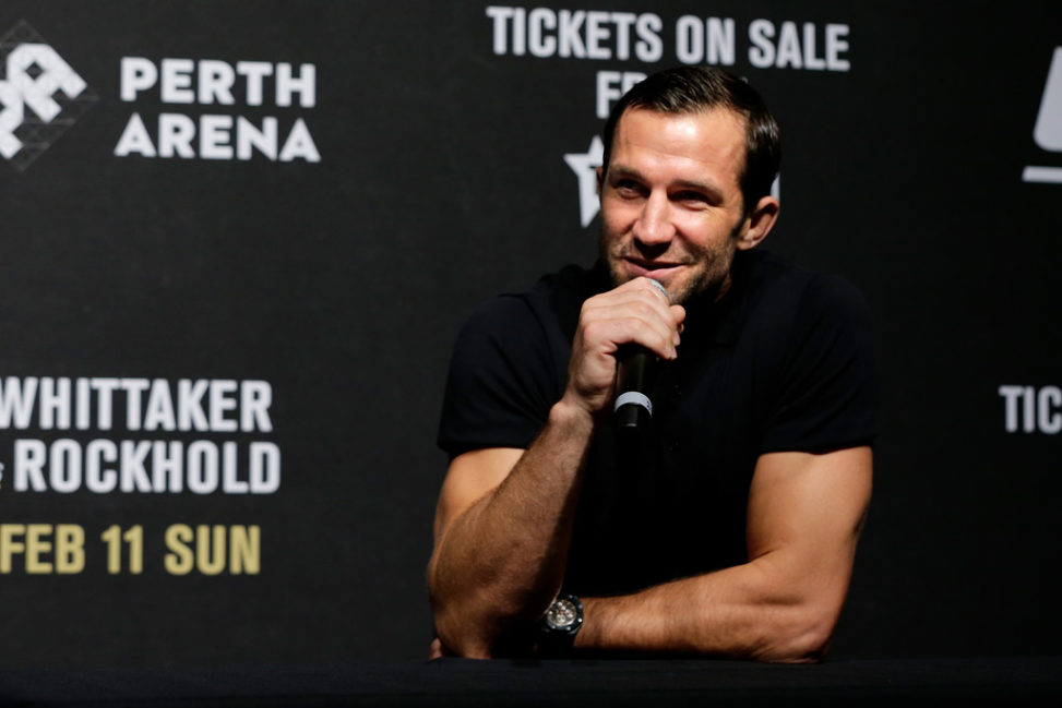 Top American contender and former UFC middleweight champion Luke Rockhold speaks at a press conference before a UFC 221 workout