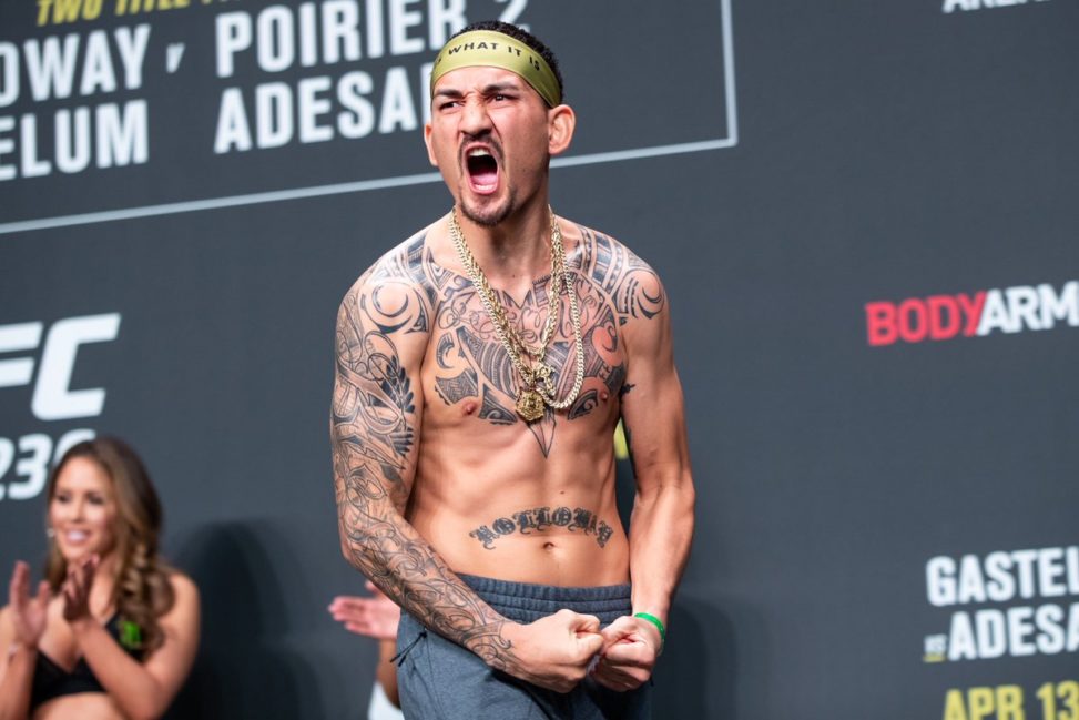 Max Holloway is pumped up at the UFC 236 ceremonial weigh-ins