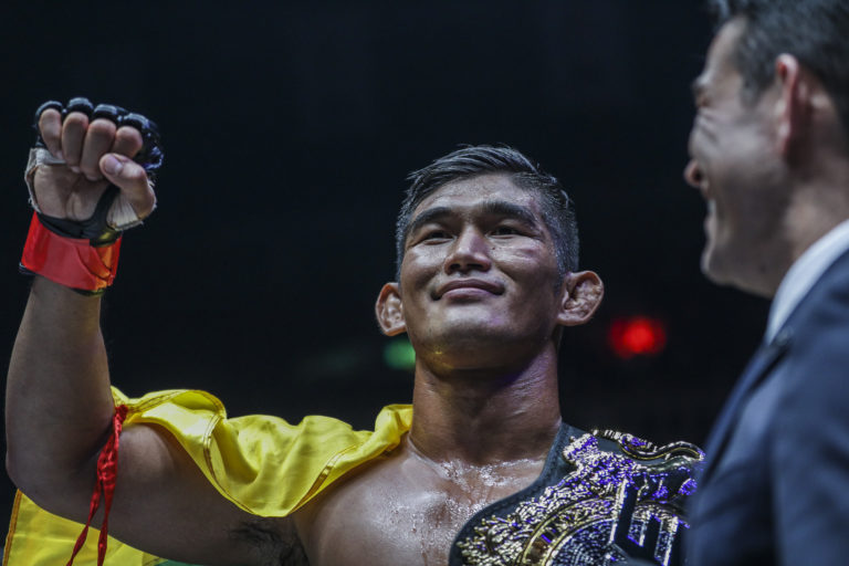 Aung La N Sang celebrates after winning at ONE Championship A New Era in Tokyo, Japan