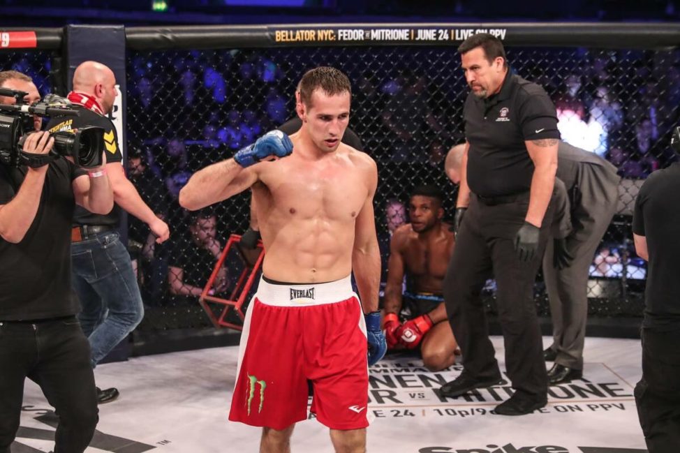Rory MacDonald celebrates his win against Paul Daley in Bellator