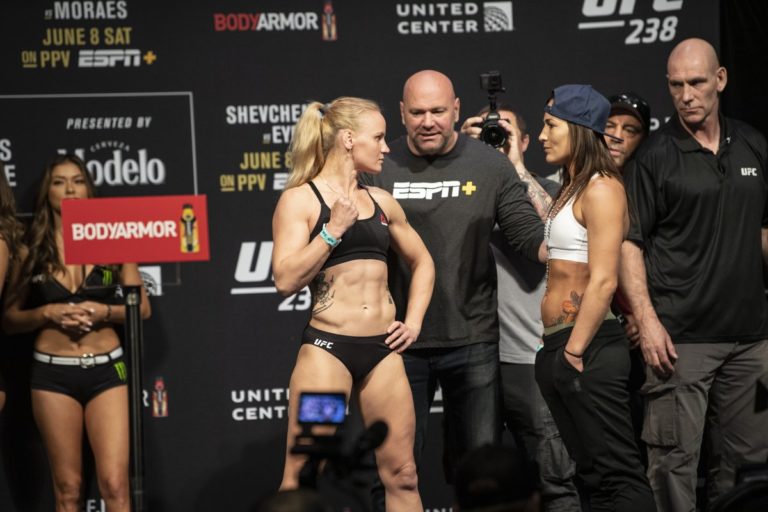 Valentina Shevchenko and Jessica Eye face each other before UFC 238
