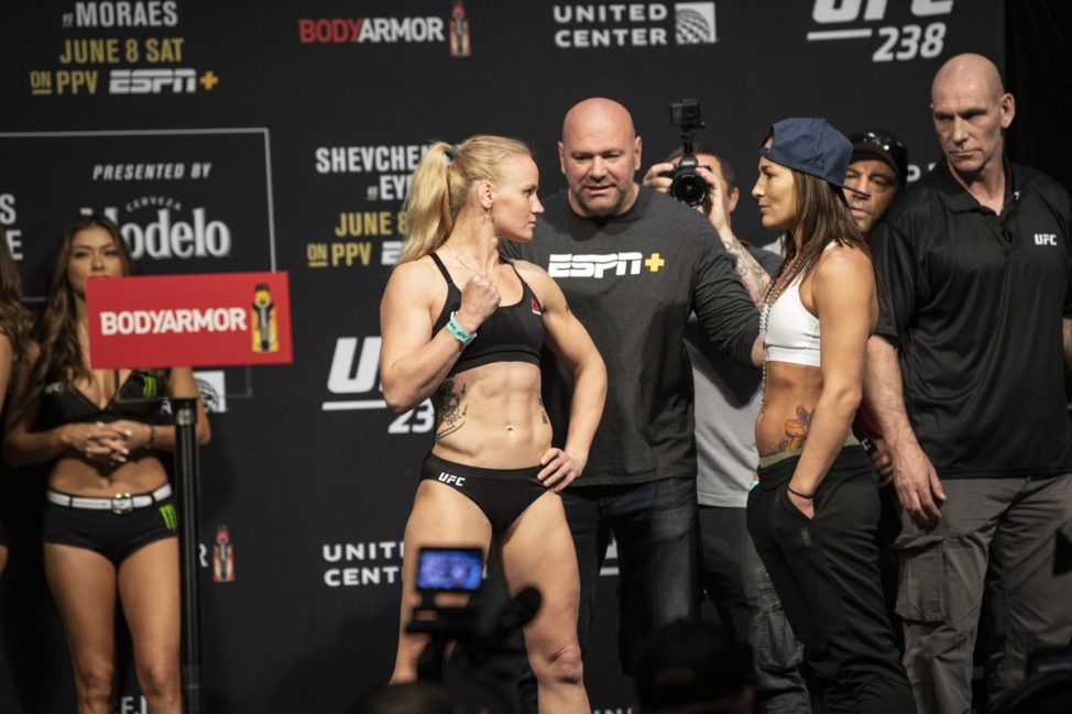 Valentina Shevchenko and Jessica Eye face each other before UFC 238
