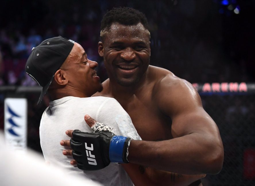 Francis Ngannou celebrates after a first-round knockout victory in the UFC