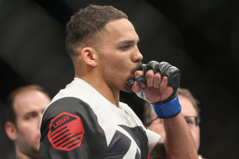 Eryk Anders celebrates his knockout win over Rafael Natal (not shown) during their UFC Fight Night welterweight bout