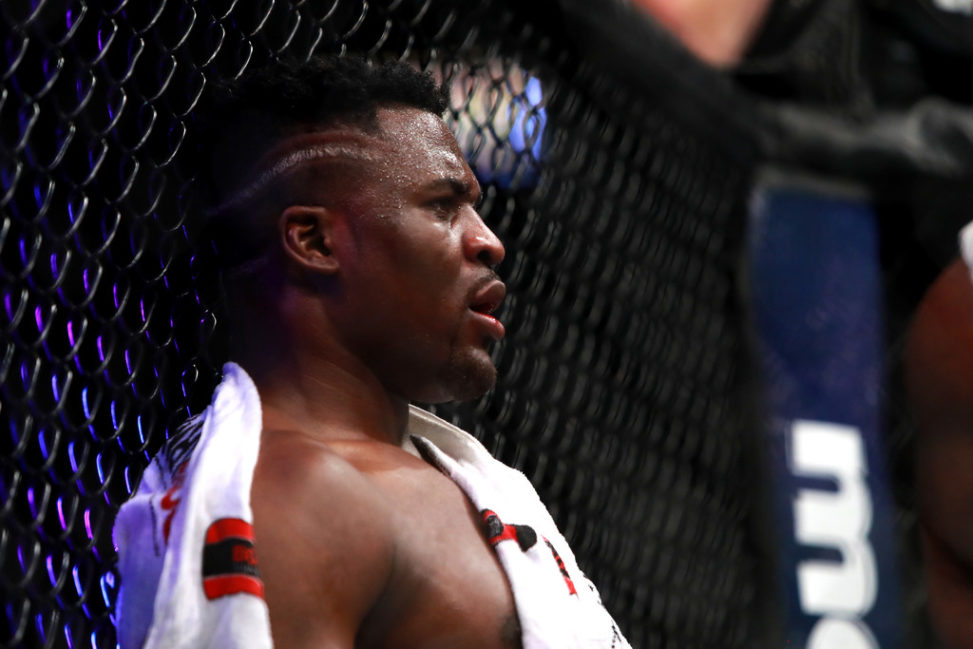 What happened to Francis Ngannou? 2 Francis Ngannou looks on between rounds against Stipe Miocic