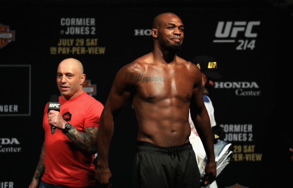 Jon Jones looks on during the UFC 214 weigh-in