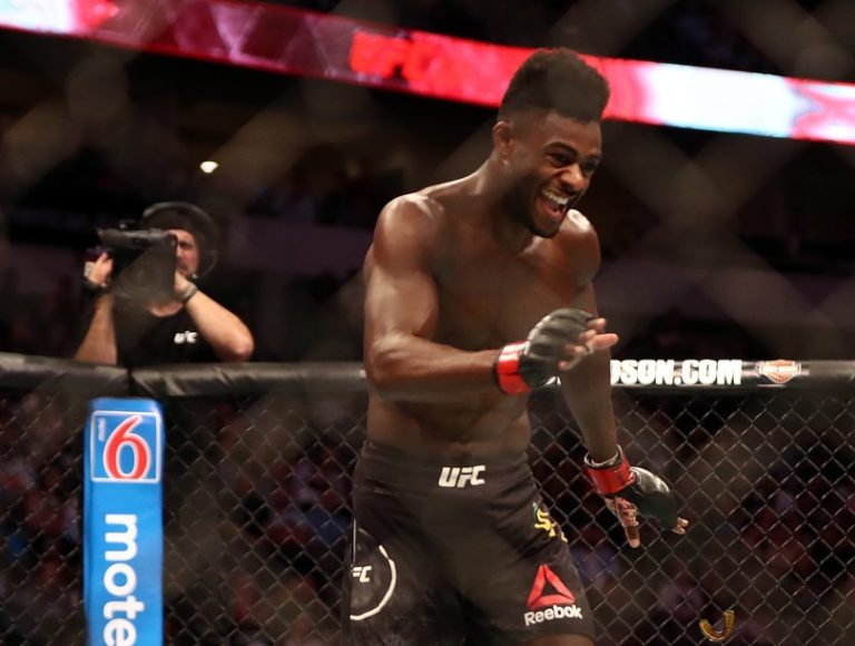 Aljamain Sterling celebrates his victory against Cody Stamann in their Bantamweight bout during UFC 228