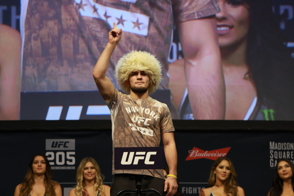 Khabib Nurmagomedov reacts during UFC 205 Weigh-ins at Madison Square Garden