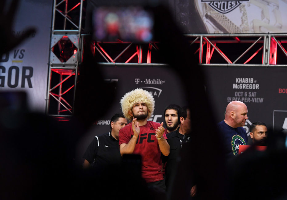 UFC lightweight champion Khabib Nurmagomedov attends a ceremonial weigh-in for UFC 229