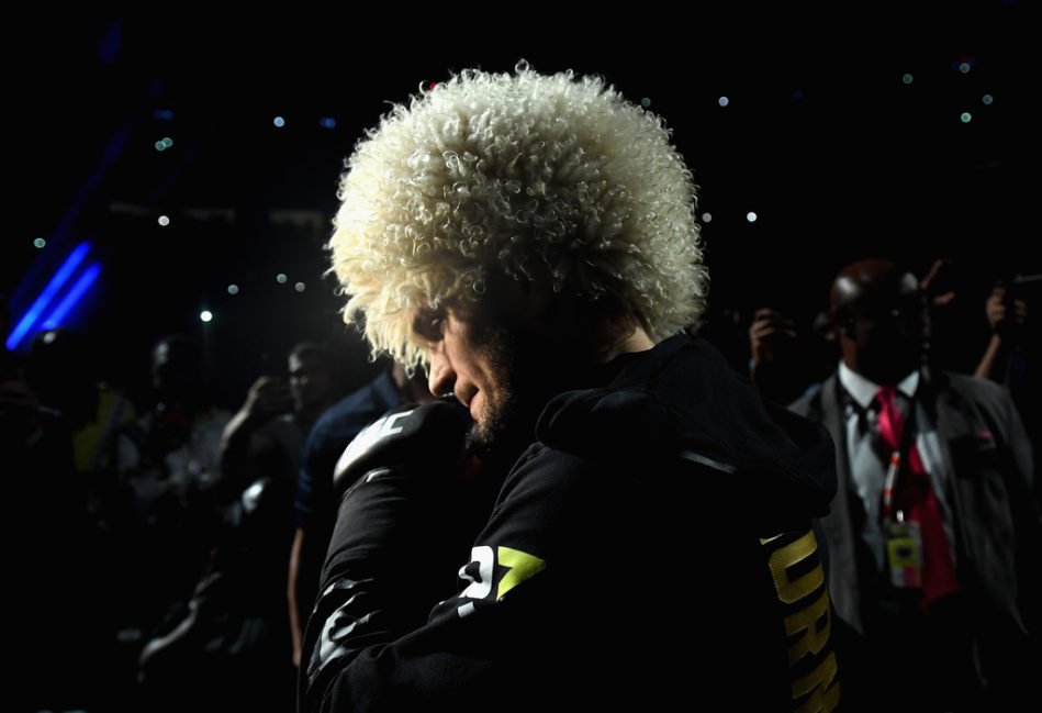 Khabib Nurmagomedov of Russia makes his entrance before competing against Conor McGregor