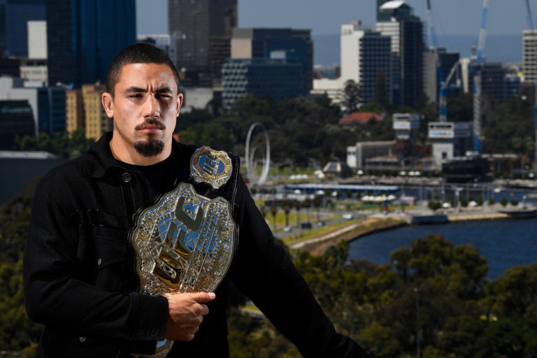 Robert Whittaker poses for a photo at Kings Park overlooking the Perth City skyline during a UFC 221 media opportunity