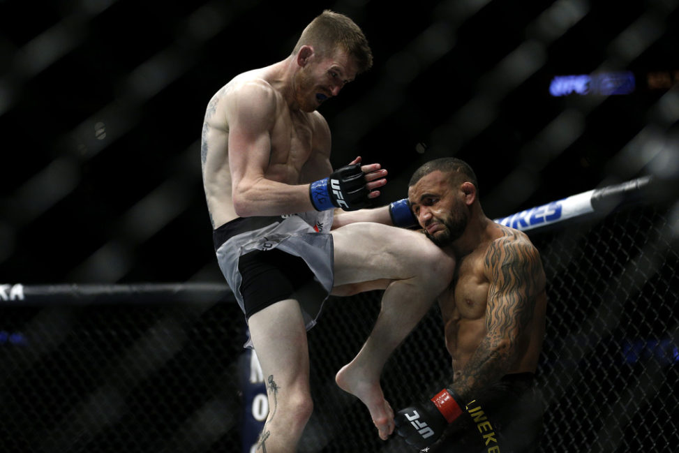 Cory Sandhagen connects with a knee against John Lineker during their bantamweight bout