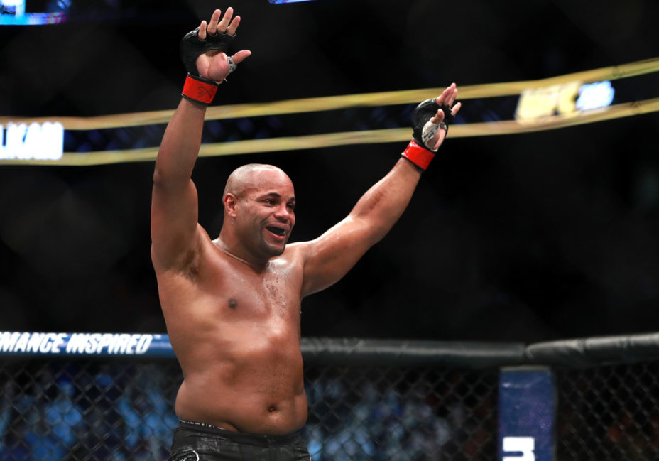 Daniel Cormier reacts after his fight against Volkan Oezdemir in their Light Heavyweight Championship fight
